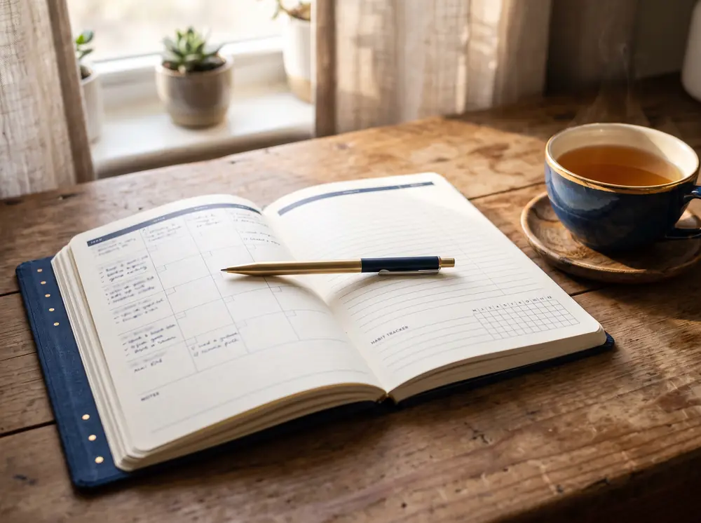 Open planner and pen next to a cup of tea in soft morning light