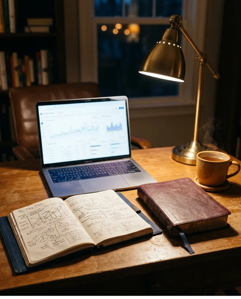 A desk with a laptop, a paper planner and a Bible under a warm lamp