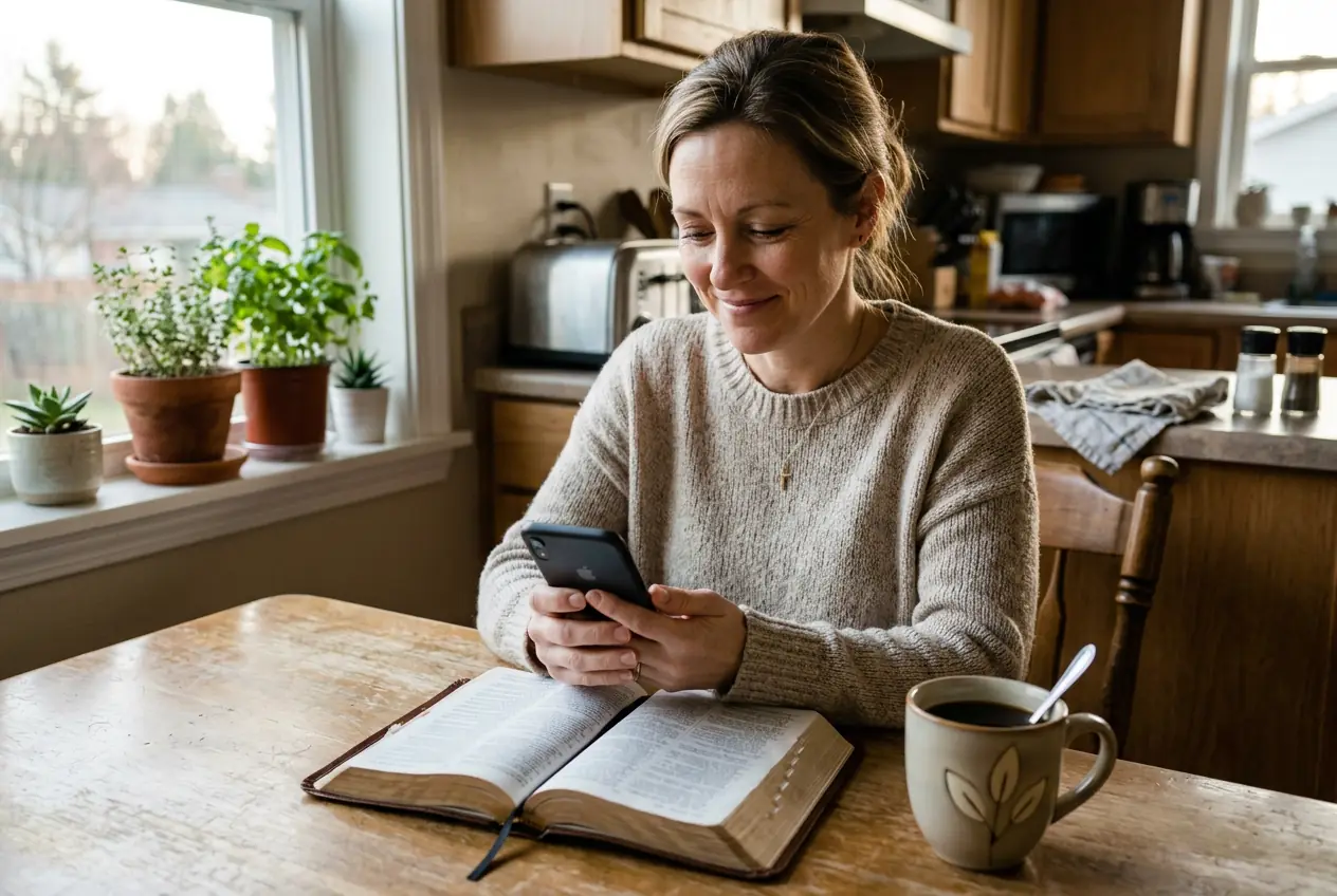 A woman at her kitchen table in the morning, reading her phone next to an open Bible