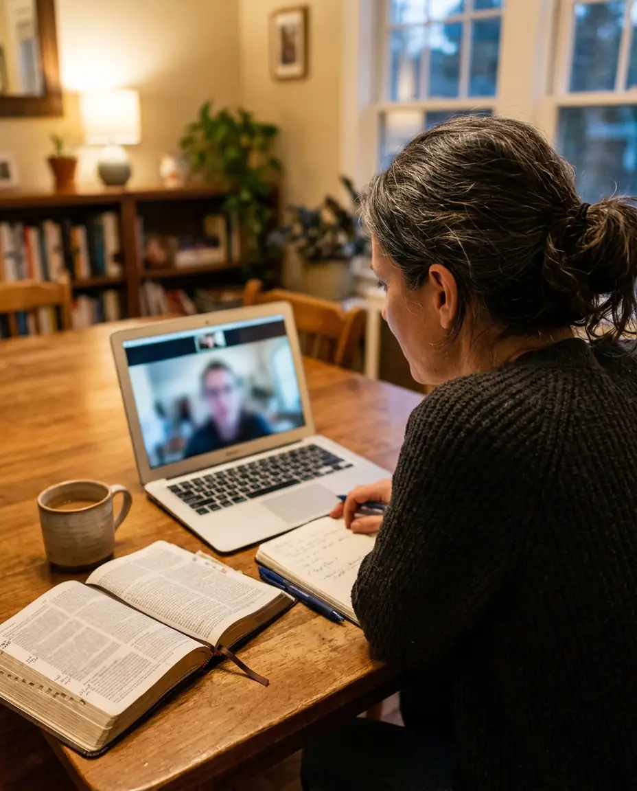 A woman on a video call at home with a notebook and an open Bible