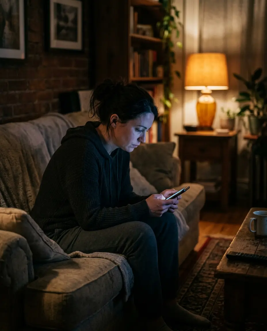 A woman alone on a couch at night, looking at her phone