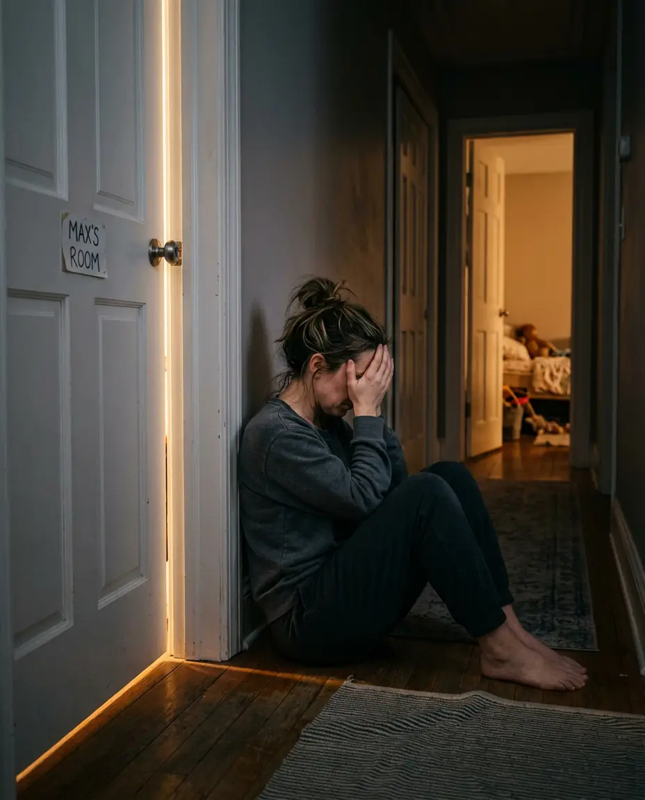 A mother sitting in a dark hallway with her hand over her eyes