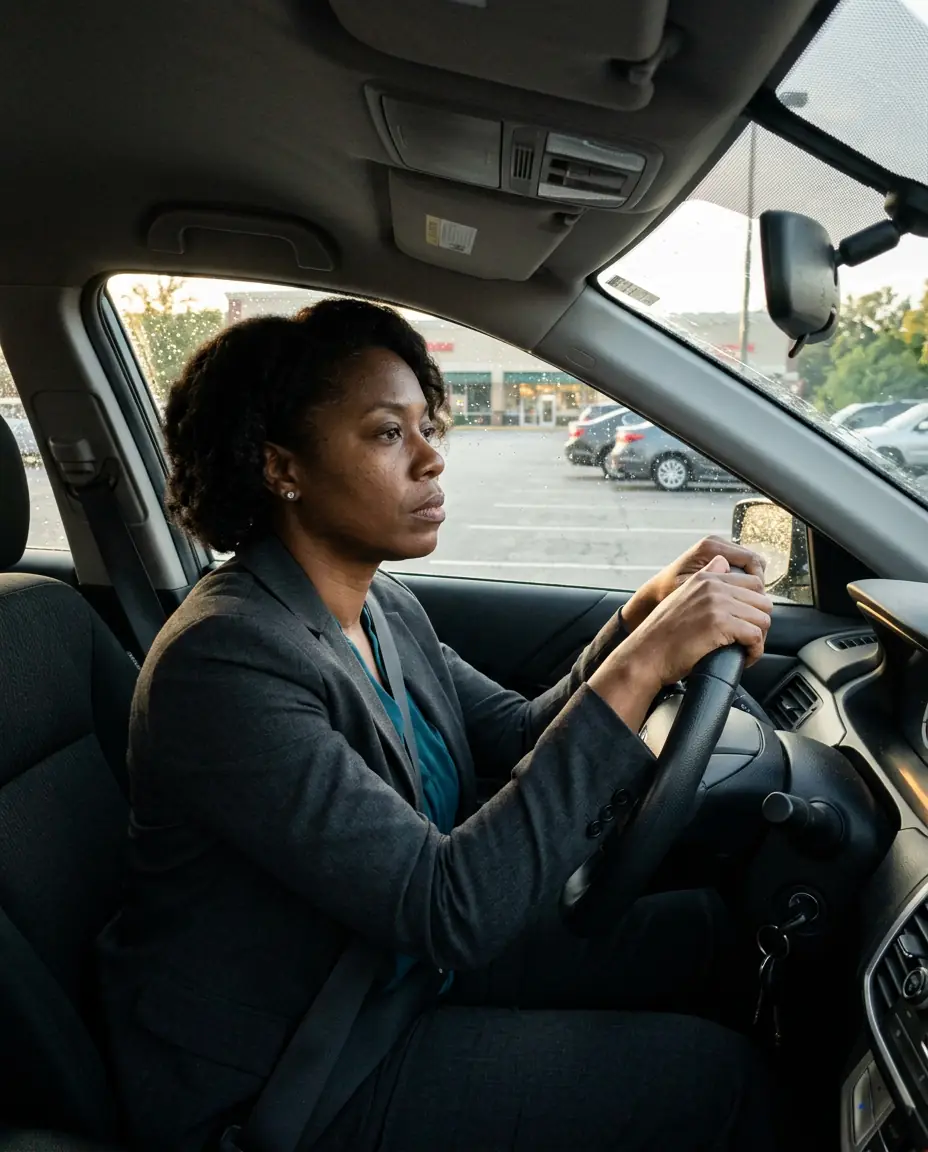 A woman sitting alone in her parked car after work