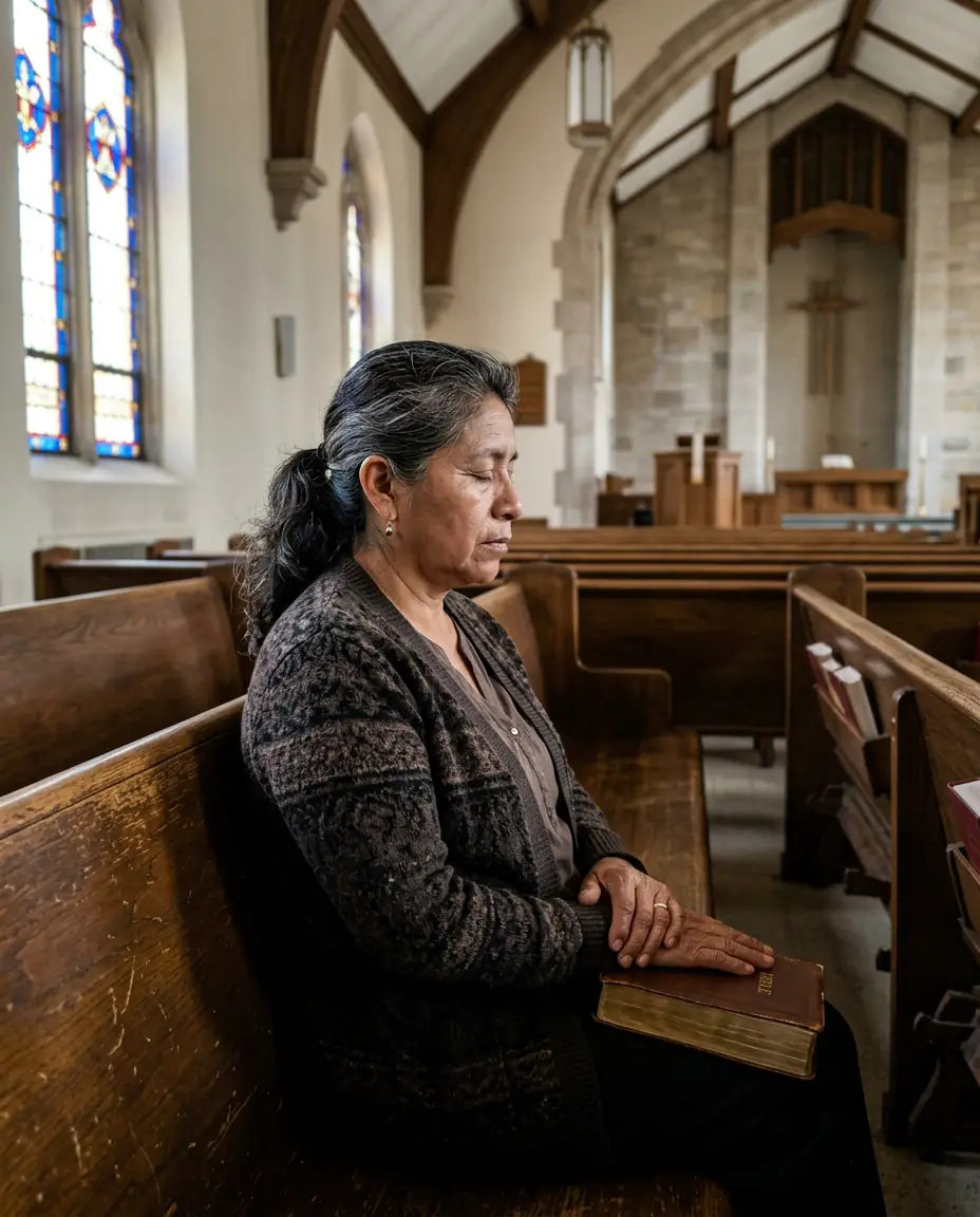 A woman resting her eyes alone in a church pew