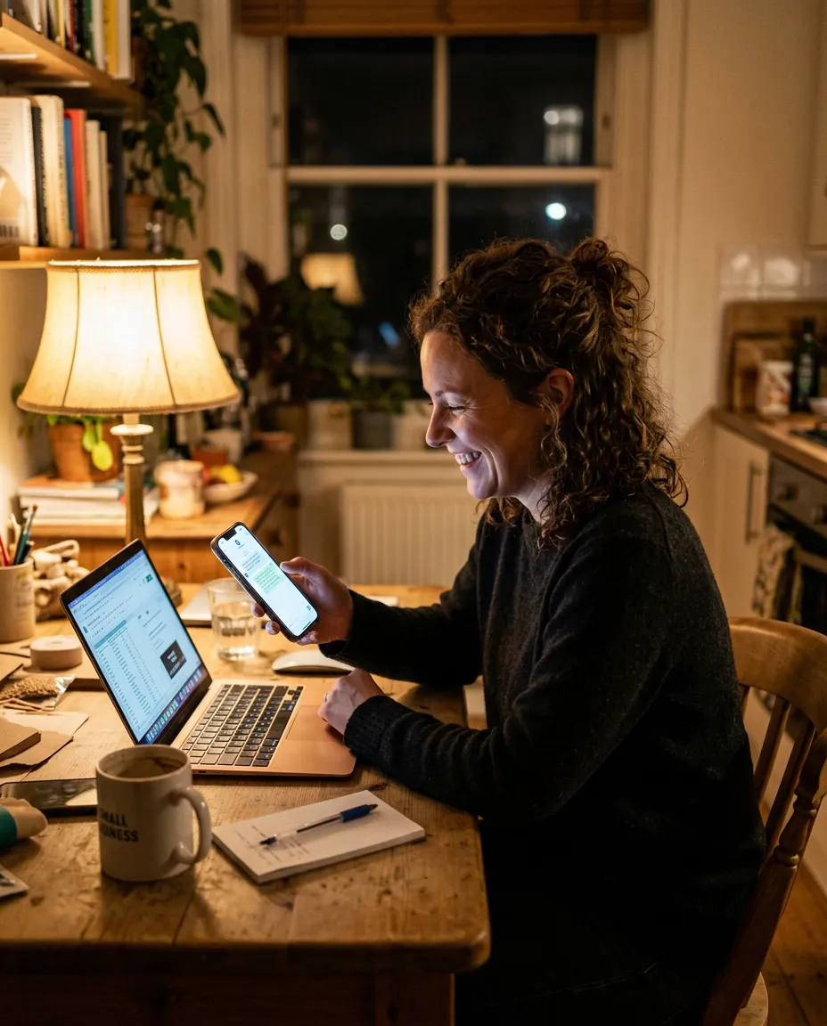 A business owner smiles at a message on her phone at the kitchen table